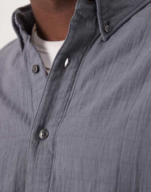 Abercrombie & Fitch textured long sleeve relaxed shirt in navy, 3 of 4