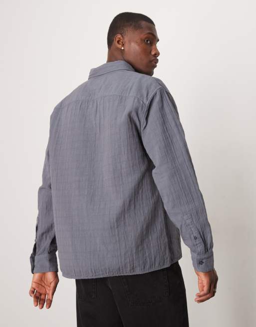 Abercrombie & Fitch textured long sleeve relaxed shirt in navy, 4 of 4