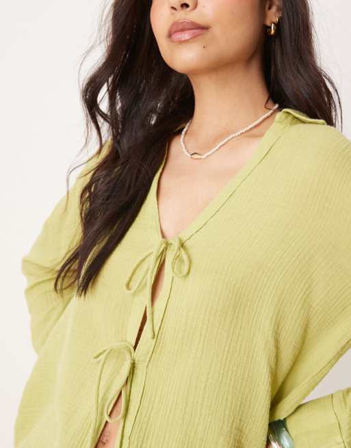 Abercrombie & Fitch textured relaxed beach shirt in lime, 2 of 4