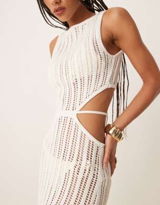 Abercrombie & Fitch Textured Slash Neck Cut-out Waist Maxi Dress In White