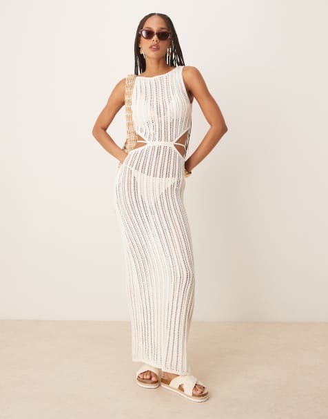 Abercrombie & Fitch textured slash neck cutout waist maxi dress in cream - view 1