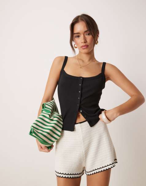 Abercrombie & Fitch thick straps ribbed button up tank top in black - view 1