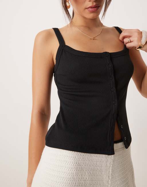 Abercrombie & Fitch thick straps ribbed button up tank top in black, 4 of 4