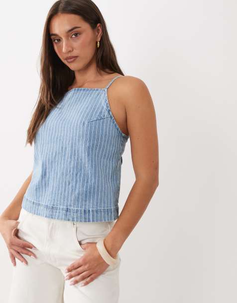 Abercrombie & Fitch tie-back denim cami top in blue stripe co-ord - view 1