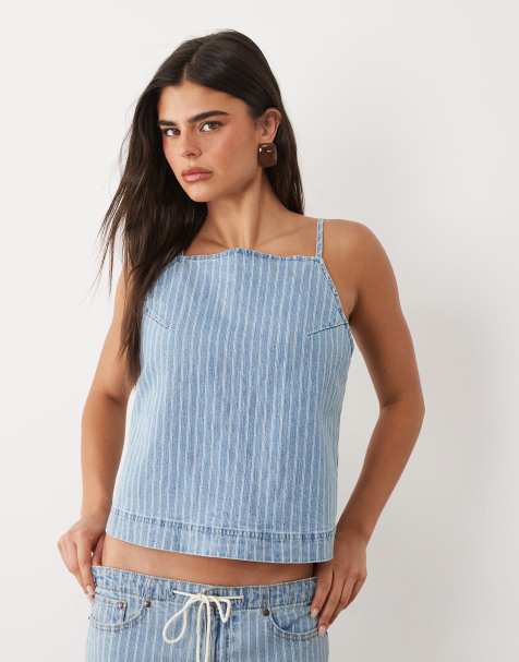 Abercrombie & Fitch tie-back denim cami top in blue stripes - part of a set - view 1