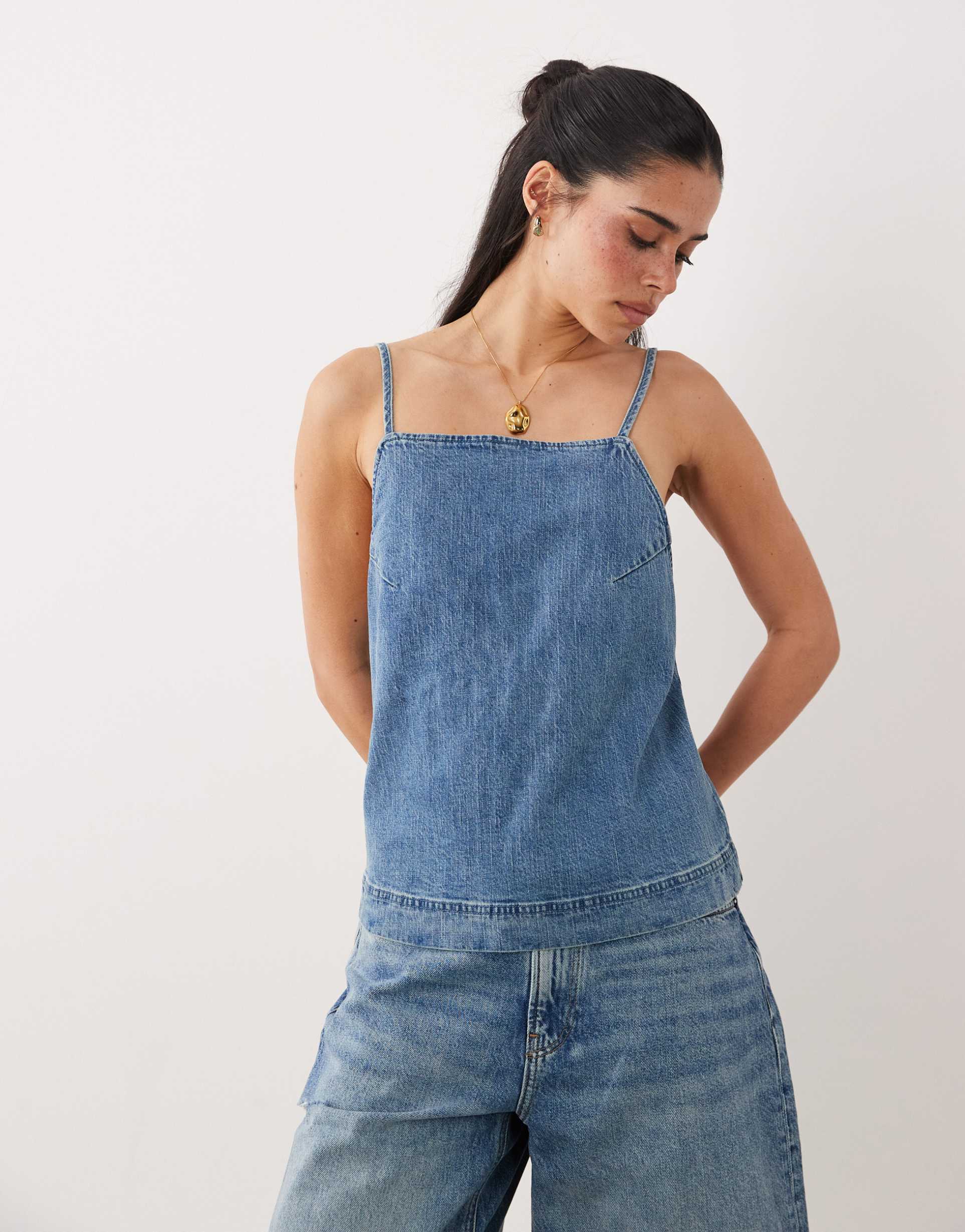 abercrombie & fitch tie-back denim cami top in blue