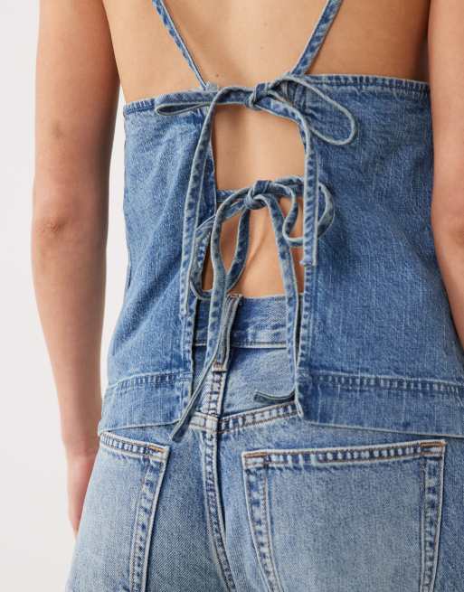 Abercrombie & Fitch tie-back denim cami top in blue, 3 of 4