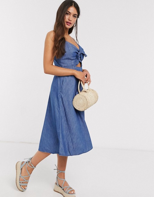 Abercrombie & Fitch tie front cami skater midi dress in blue