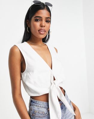 Abercrombie & Fitch tie front crop top in white