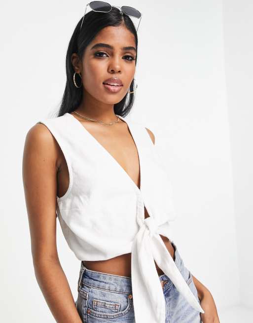 White Tie Front Crop Top