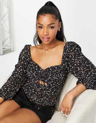 Abercrombie & Fitch Abercrombie & Fitch tie front detail woven top in multi-Black