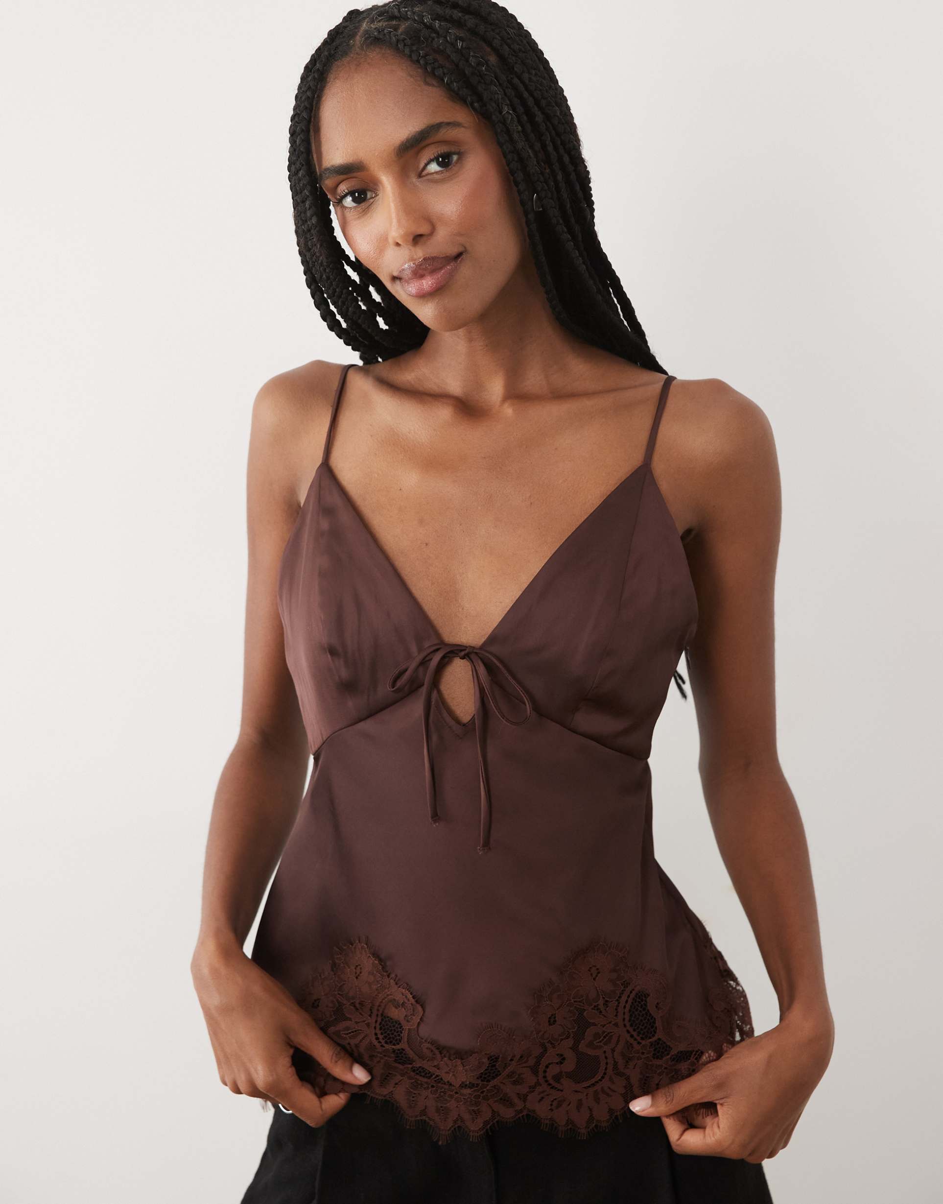 abercrombie & fitch tie front lace trim satin cami in brown