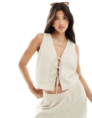 Abercrombie & Fitch tie front linen blend top in beige co-ord