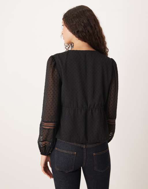 Abercrombie & Fitch tie front long sleeve blouse in black, 3 of 4