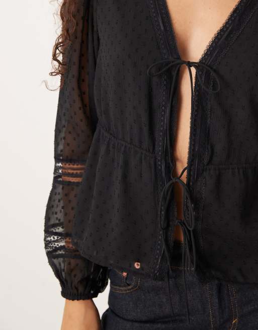 Abercrombie & Fitch tie front long sleeve blouse in black, 4 of 4