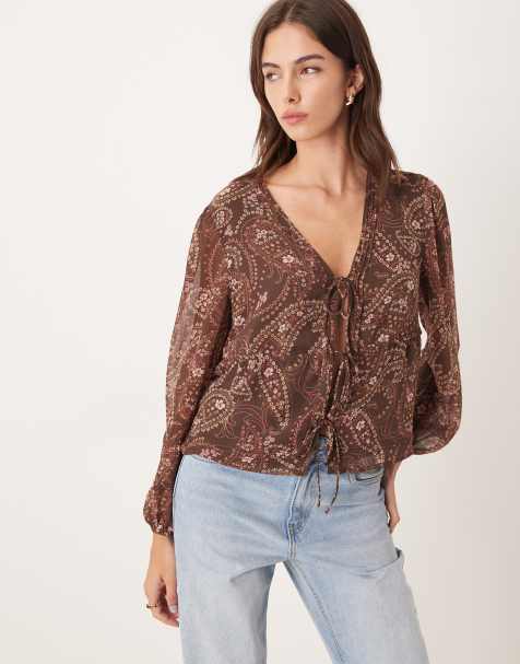 Abercrombie & Fitch tie front long sleeve blouse in brown paisley print - view 1