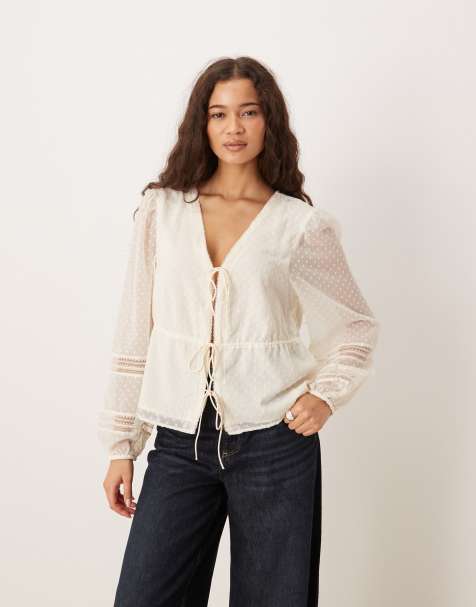 Abercrombie & Fitch tie front long sleeve blouse in white - view 1