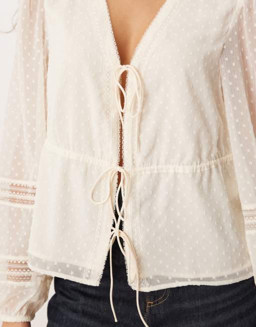 Abercrombie & Fitch tie front long sleeve blouse in white, 3 of 4