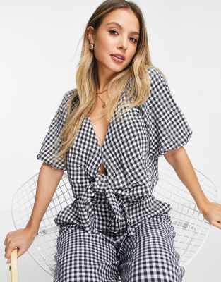 ABERCROMBIE & FITCH TIE FRONT PUFF SLEEVE TOP IN GINGHAM - PART OF A SET-NAVY 