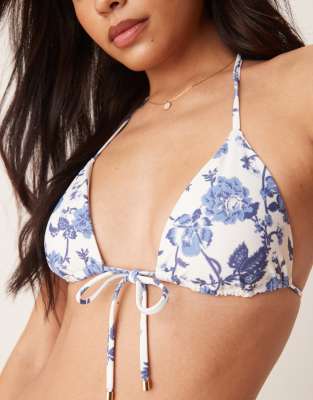Abercrombie & Fitch Tie Front Triangle Bikini Top In Blue