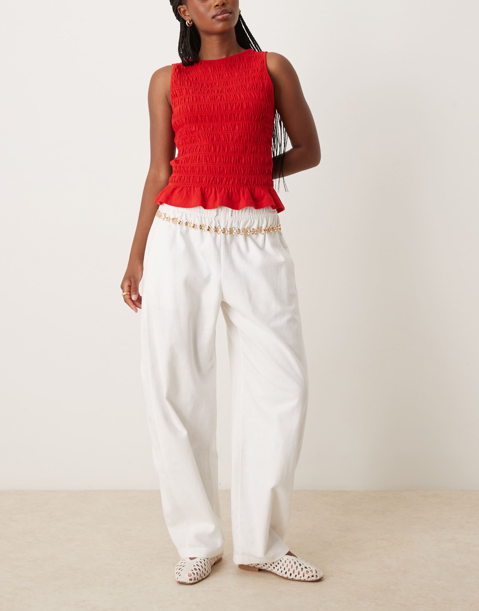 abercrombie & fitch tie waist barrel leg pull-on pants in white