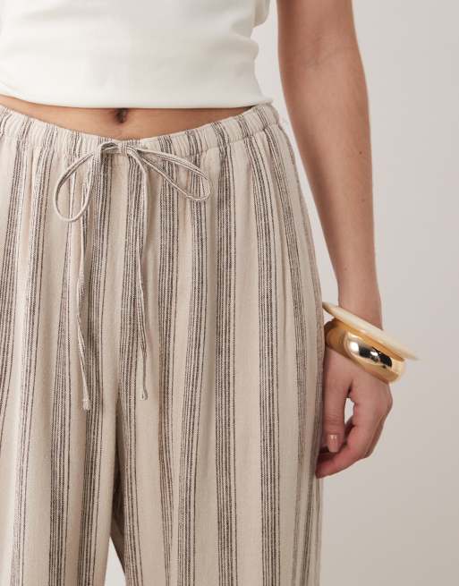 Abercrombie & Fitch tie waist linen blend pull on pants in beige stripe, 4 of 5