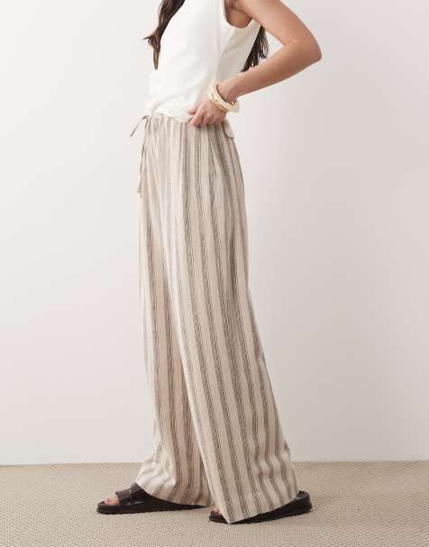 Abercrombie & Fitch tie waist linen blend pull on trousers in beige stripe