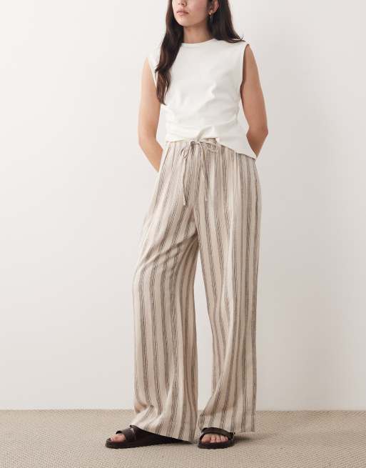 Abercrombie & Fitch tie waist linen blend pull on trousers in beige stripe, 2 of 5