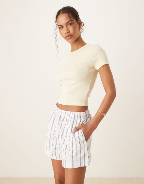 Abercrombie & Fitch tie waist poplin shorts in blue stripe - view 1