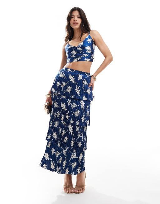 Abercrombie And Fitch Tiered Floral Print Satin Maxi Skirt In Dark Blue