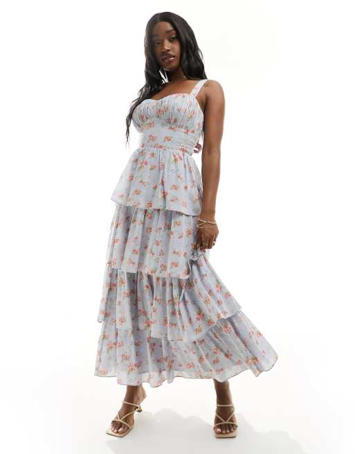 Abercrombie Fitch tiered maxi dress with lace up back in blue floral