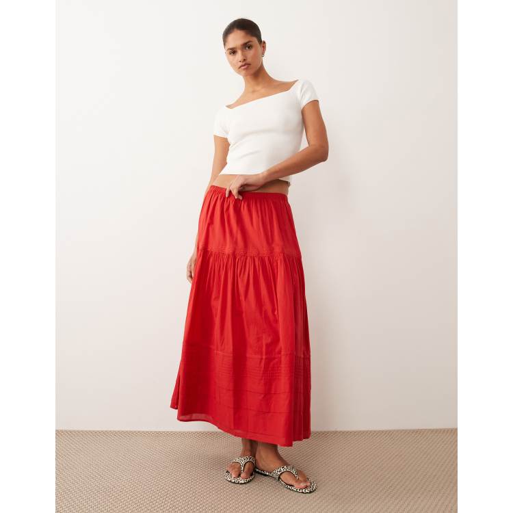 Abercrombie & Fitch tiered maxi skirt in red | ASOS