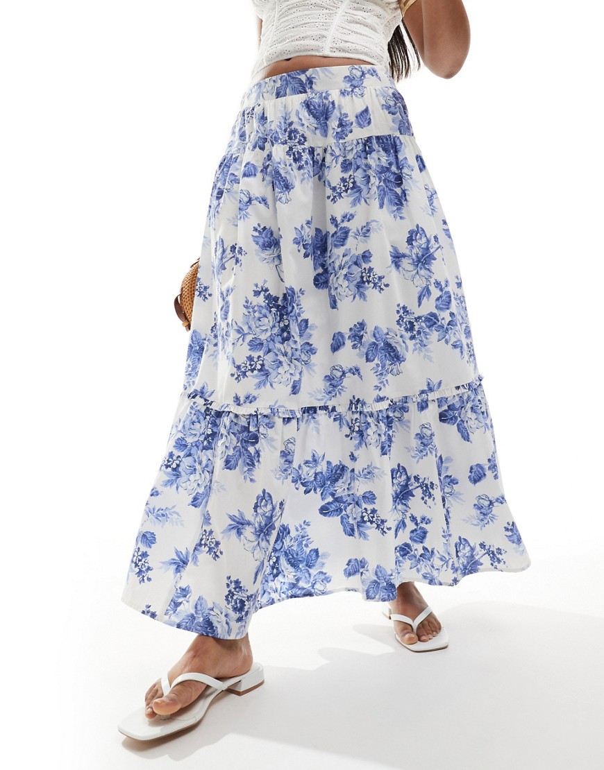 Abercrombie & Fitch tiered maxi skirt in white with blue flower print