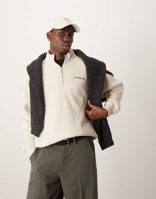 Abercrombie & Fitch timeless logo half zip sweatshirt in cream, 4 of 4