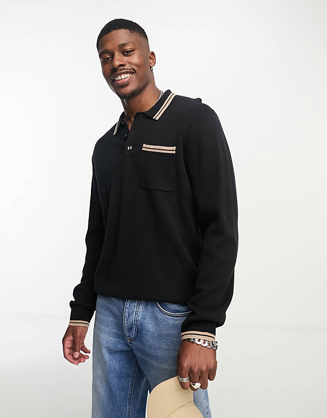 Abercrombie & Fitch - tipped long sleeve knit polo in black