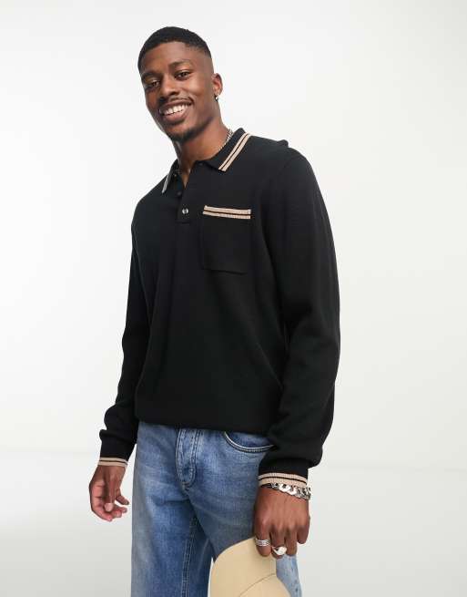 Abercrombie & Fitch tipped long sleeve knit polo in black ASOS