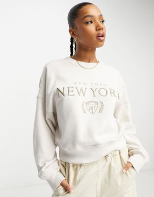 Abercrombie & Fitch tonal embroidery crew neck sweater in white | ASOS