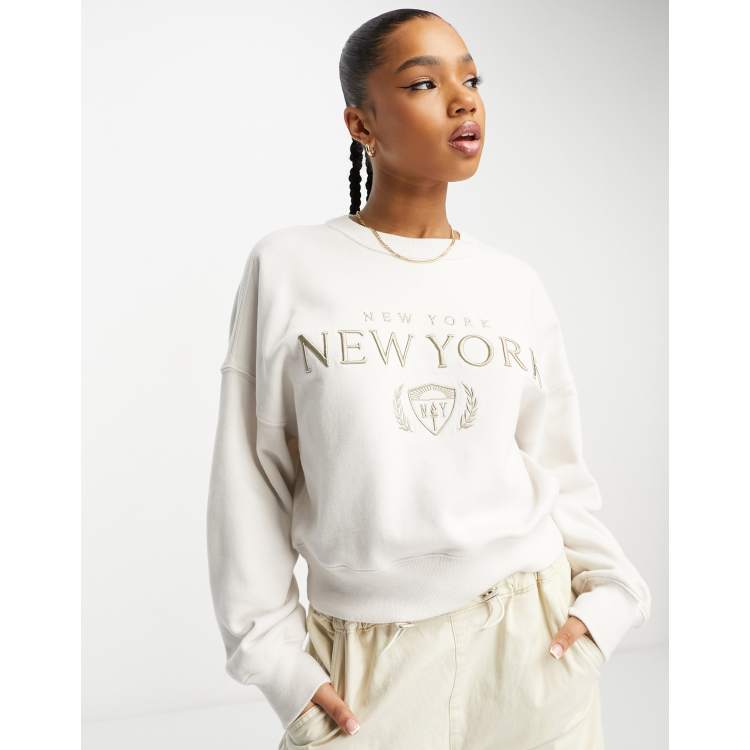 Abercrombie u0026 Fitch tonal embroidery crew neck sweater in white | ASOS