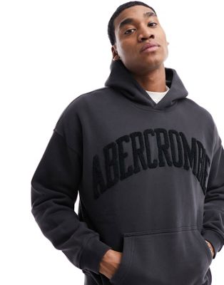 Abercrombie & Fitch tonal varsity logo oversized hoodie in washed black