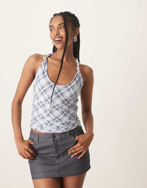Abercrombie & Fitch - Top à carreaux avec encolure américaine et détail noué - Bleu