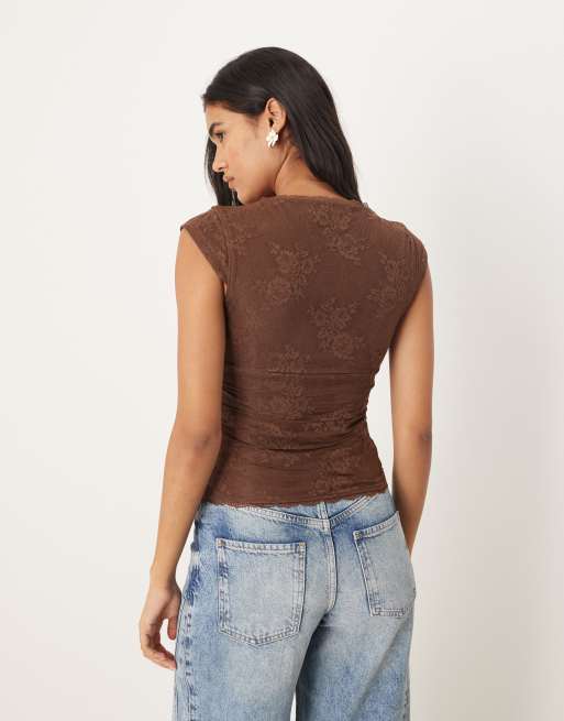 Abercrombie & Fitch - Top a maniche corte in pizzo marrone con scollo a cuore, 4 di 4