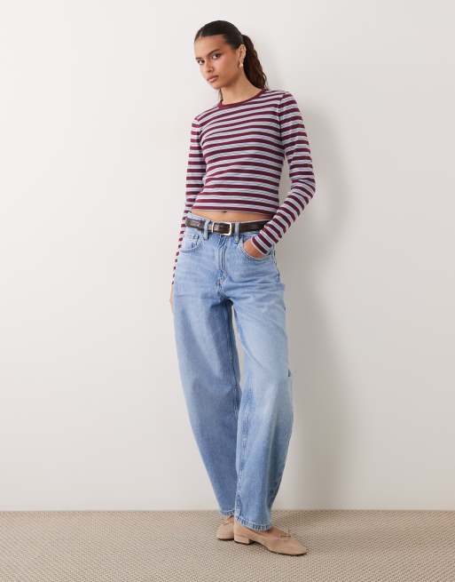 Abercrombie & Fitch top a maniche lunghe a coste a righe bordeaux e grigie, 2 di 4