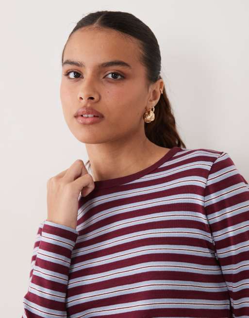 Abercrombie & Fitch top a maniche lunghe a coste a righe bordeaux e grigie, 3 di 4