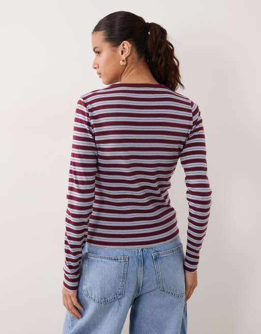Abercrombie & Fitch top a maniche lunghe a coste a righe bordeaux e grigie, 4 di 4