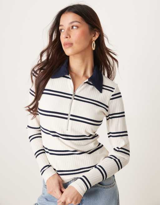 Abercrombie & Fitch - Top a maniche lunghe a righe con colletto e bottoni