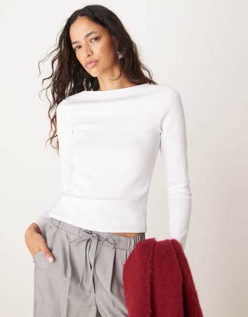 Abercrombie & Fitch - Top a maniche lunghe aderente bianco opaco con scollo a barchetta