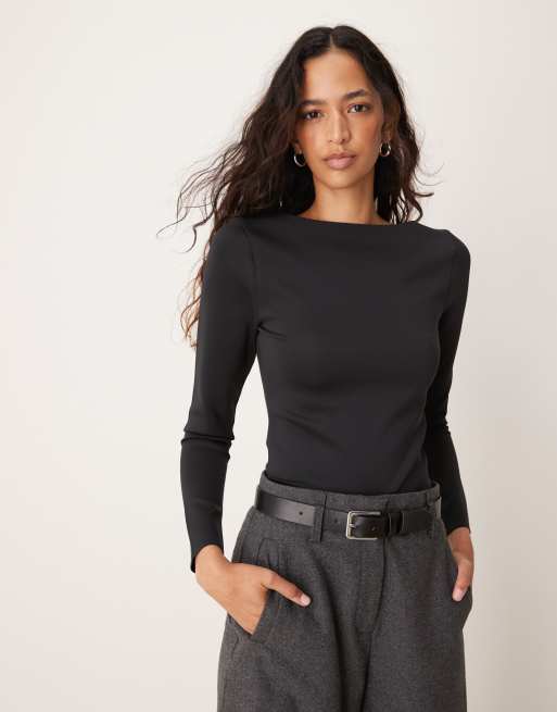Abercrombie & Fitch - Top a maniche lunghe aderente nero opaco con scollo a barchetta