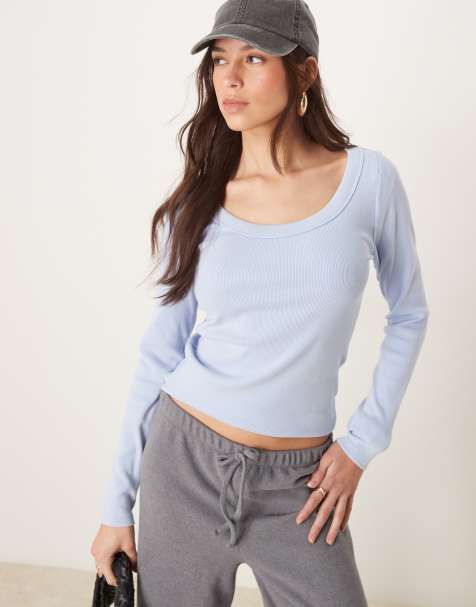 Abercrombie & Fitch - Top a maniche lunghe azzurro a coste con scollo rotondo - view 1