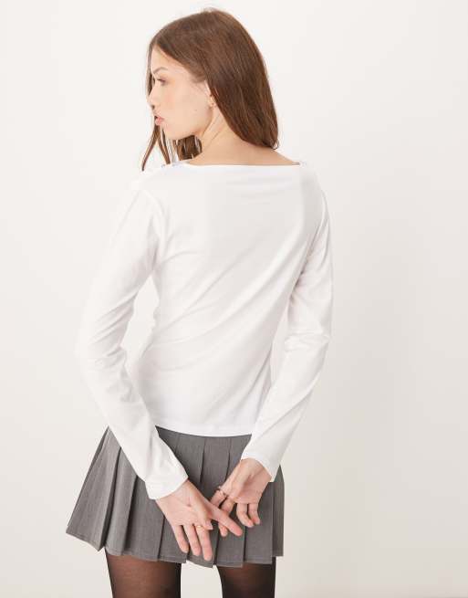 Abercrombie & Fitch - Top a maniche lunghe bianco con scollo a barchetta, 4 di 4