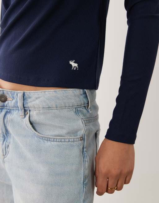 Abercrombie & Fitch - Top a maniche lunghe blu navy a coste con scollo serafino, 3 di 4